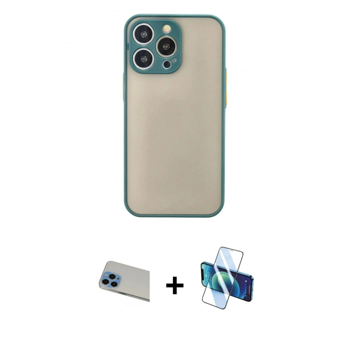 MARSİLYAN™- iPhone 13 Pro Max Kılıf Ahenk Çizgi Serisi - Siyah 3D Antistatik Cam Ekran Koruyucu + Rainbow Kamera Lens Koruma Cam - MI