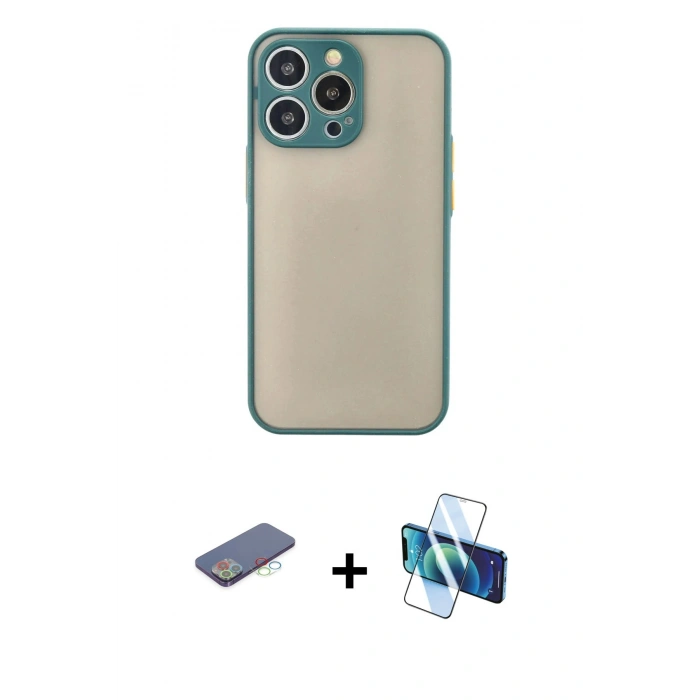 MARSİLYAN™- iPhone 13 Pro Max Kılıf Ahenk Çizgi Serisi - Siyah 3D Antistatik Cam Ekran Koruyucu + Renkli Kamera Lens Koruma Cam - MI