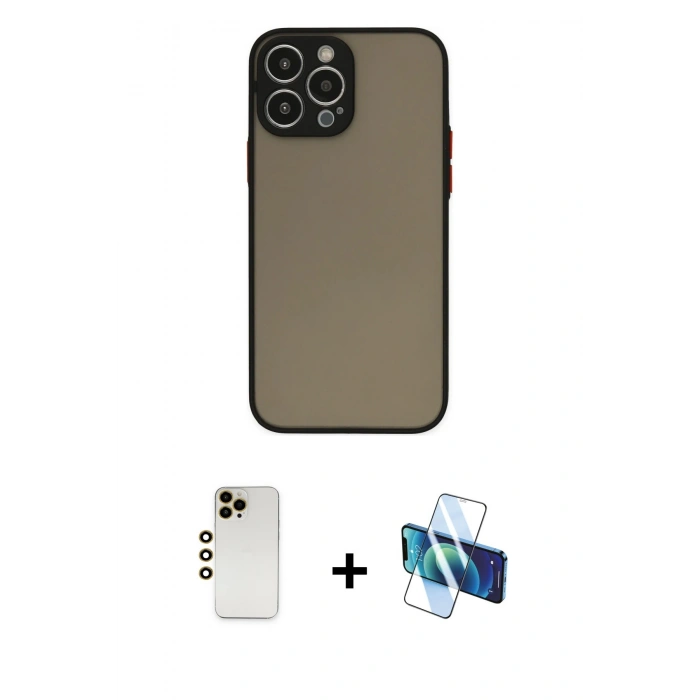 MARSİLYAN™- iPhone 13 Pro Max Kılıf Ahenk Çizgi Serisi - Siyah 3D Antistatik Cam Ekran Koruyucu + Shine Kamera Lens - GD