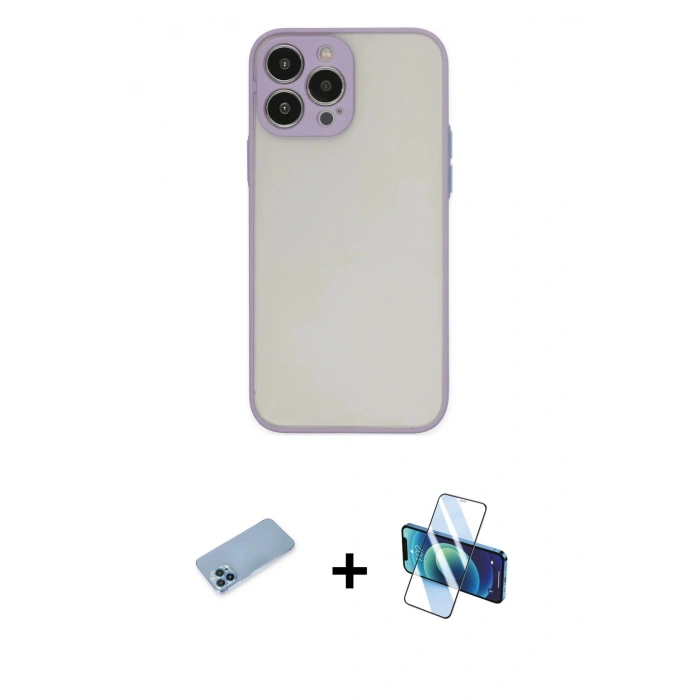 MARSİLYAN™- iPhone 13 Pro Max Kılıf Ahenk Çizgi Serisi - Siyah 3D Antistatik Cam Ekran Koruyucu + Shine Kamera Lens Koruma Cam - MI