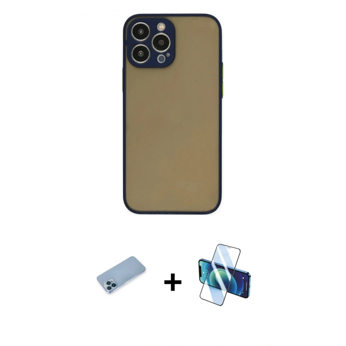 MARSİLYAN™- iPhone 13 Pro Max Kılıf Ahenk Çizgi Serisi - Siyah 3D Antistatik Cam Ekran Koruyucu + Shine Kamera Lens Koruma Cam - MI