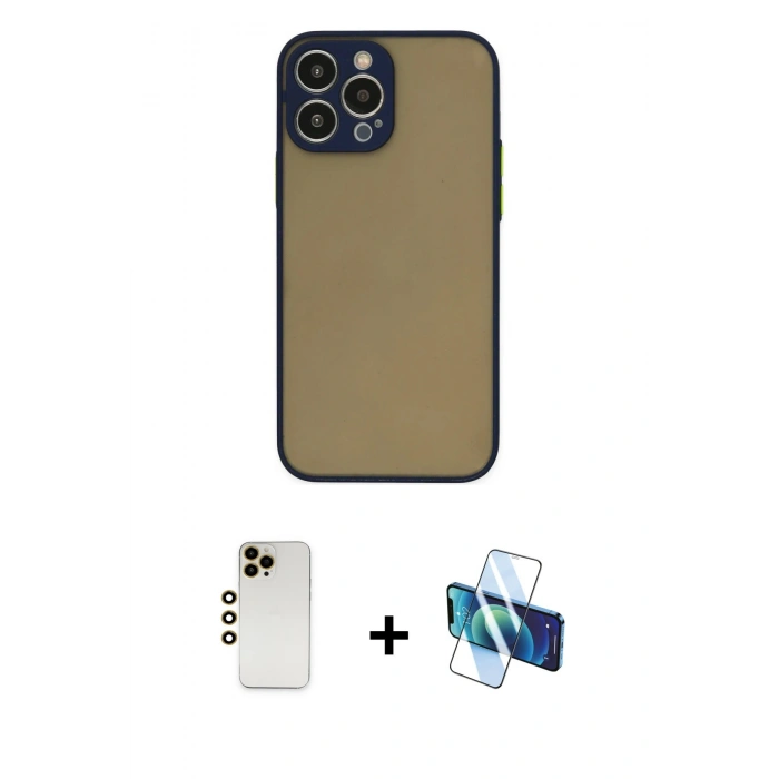 MARSİLYAN™- iPhone 13 Pro Max Kılıf Ahenk Çizgi Serisi - Siyah 3D Antistatik Cam Ekran Koruyucu + Shine Kamera Lens - GD