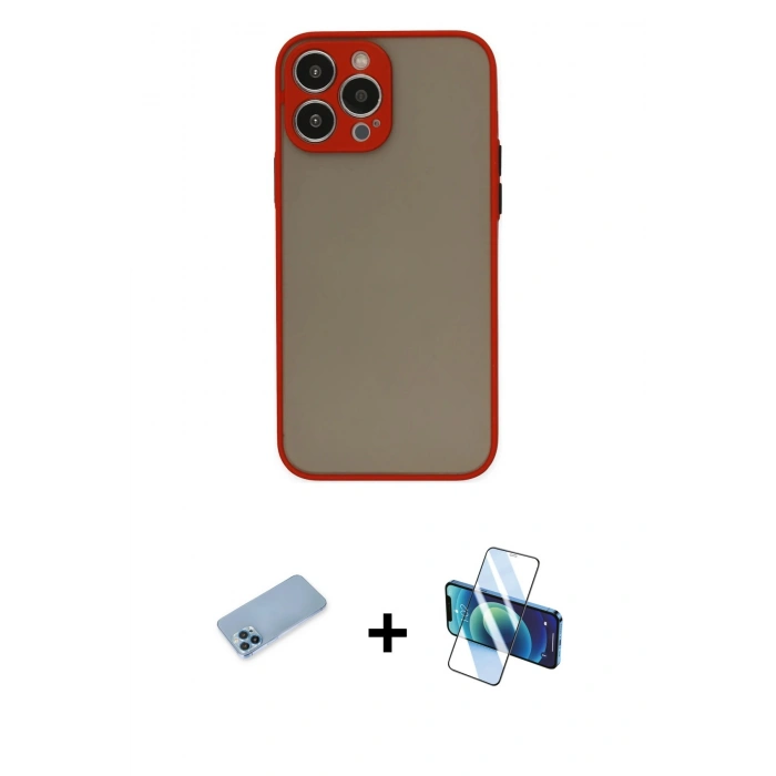 MARSİLYAN™- iPhone 13 Pro Max Kılıf Ahenk Çizgi Serisi - Siyah 3D Antistatik Cam Ekran Koruyucu + Shine Kamera Lens Koruma Cam - MI