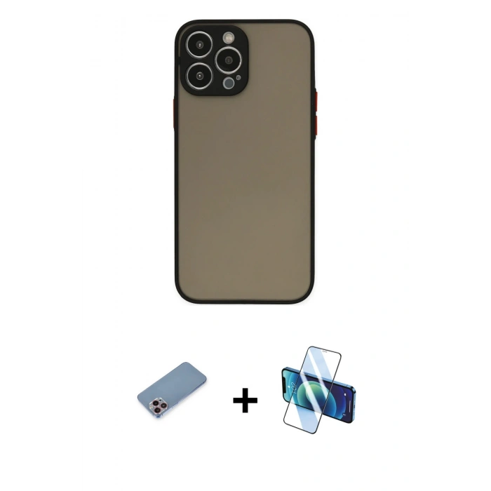 MARSİLYAN™- iPhone 13 Pro Max Kılıf Ahenk Çizgi Serisi - Siyah 3D Antistatik Cam Ekran Koruyucu + Shine Kamera Lens Koruma Cam - PE