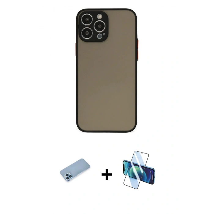 MARSİLYAN™- iPhone 13 Pro Max Kılıf Ahenk Çizgi Serisi - Siyah 3D Antistatik Cam Ekran Koruyucu + Shine Kamera Lens Koruma Cam - MI