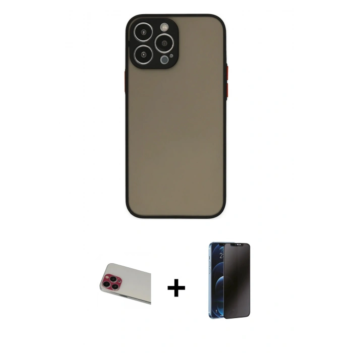 MARSİLYAN™- iPhone 13 Pro Max Kılıf Ahenk Çizgi Serisi - Siyah 3D Antistatik Hayalet Cam Ekran Koruyucu + Rainbow Kamera Lens Koruma Cam - KI