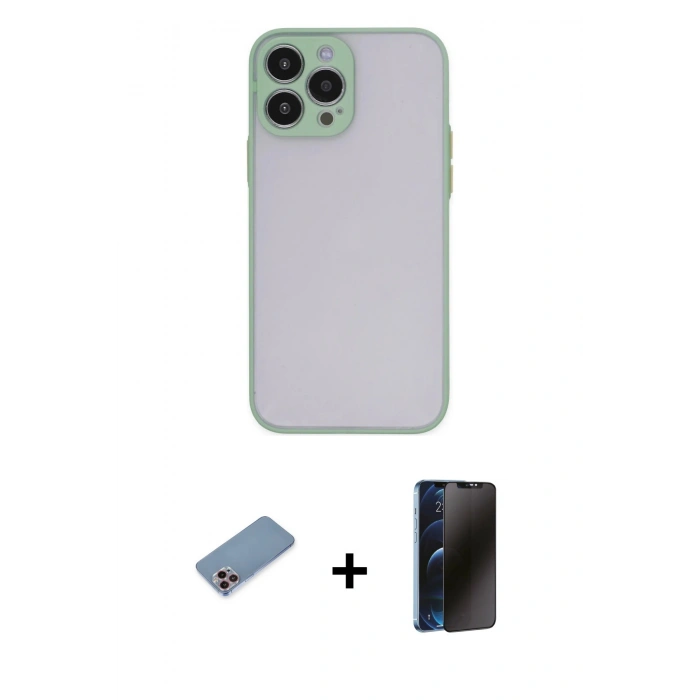 MARSİLYAN™- iPhone 13 Pro Max Kılıf Ahenk Çizgi Serisi - Siyah 3D Antistatik Hayalet Cam Ekran Koruyucu + Shine Kamera Lens Koruma Cam - PE