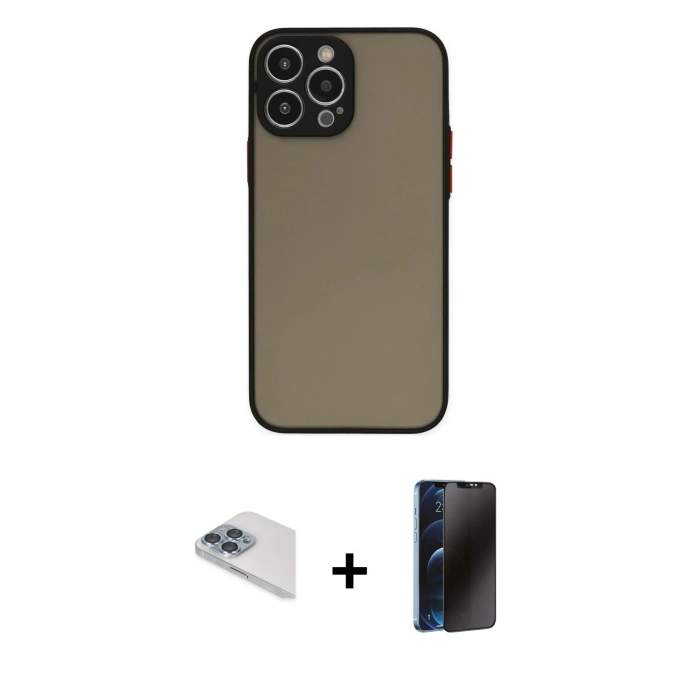 MARSİLYAN™- iPhone 13 Pro Max Kılıf Ahenk Çizgi Serisi - Siyah 3D Antistatik Hayalet Cam Ekran Koruyucu + Pers Alüminyum Kamera Lens - SABE