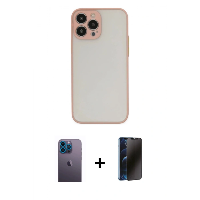 MARSİLYAN™- iPhone 13 Pro Max Kılıf Ahenk Çizgi Serisi - Siyah 3D Antistatik Hayalet Cam Ekran Koruyucu + Neon Fosforlu Kamera Lens - MI