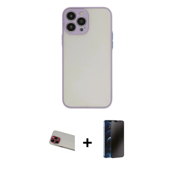MARSİLYAN™- iPhone 13 Pro Max Kılıf Ahenk Çizgi Serisi - Siyah 3D Antistatik Hayalet Cam Ekran Koruyucu + Rainbow Kamera Lens Koruma Cam - KI