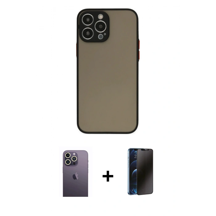 MARSİLYAN™- iPhone 13 Pro Max Kılıf Ahenk Çizgi Serisi - Siyah 3D Antistatik Hayalet Cam Ekran Koruyucu + Neon Fosforlu Kamera Lens - BZ