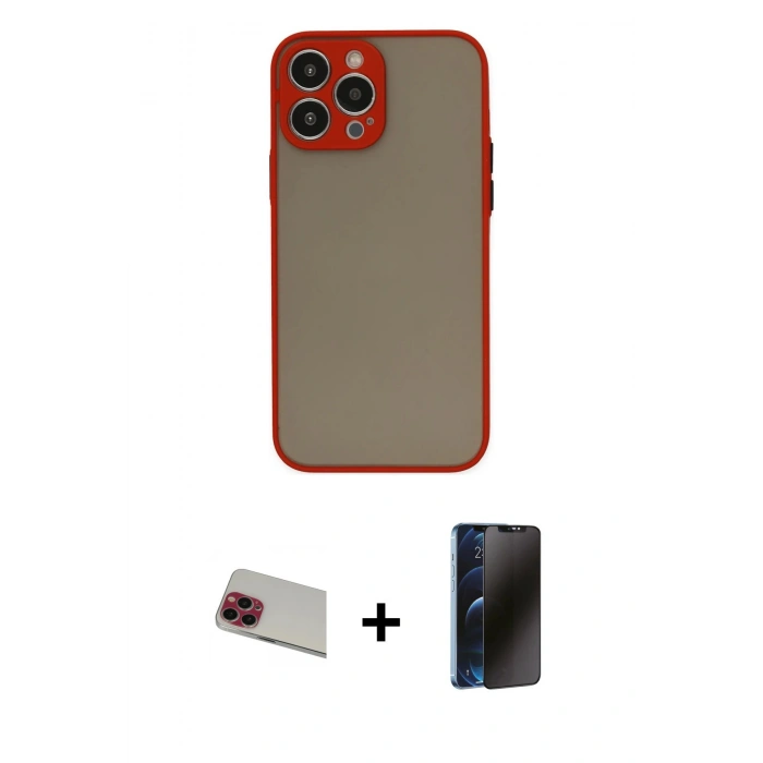 MARSİLYAN™- iPhone 13 Pro Max Kılıf Ahenk Çizgi Serisi - Siyah 3D Antistatik Hayalet Cam Ekran Koruyucu + Rainbow Kamera Lens Koruma Cam - KI