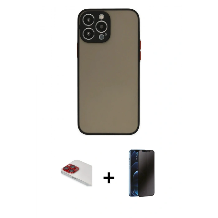 MARSİLYAN™- iPhone 13 Pro Max Kılıf Ahenk Çizgi Serisi - Siyah 3D Antistatik Hayalet Cam Ekran Koruyucu + Pers Alüminyum Kamera Lens - KI
