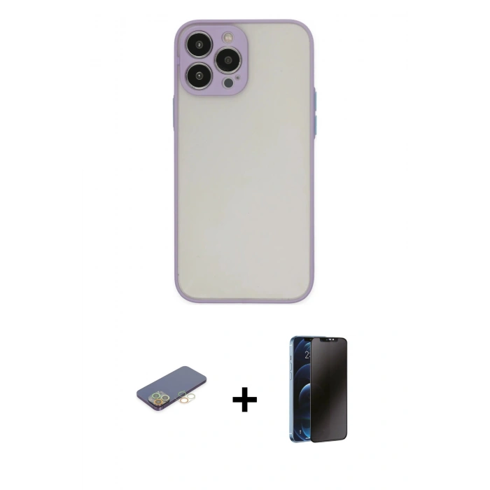 MARSİLYAN™- iPhone 13 Pro Max Kılıf Ahenk Çizgi Serisi - Siyah 3D Antistatik Hayalet Cam Ekran Koruyucu + Renkli Kamera Lens Koruma Cam - SI