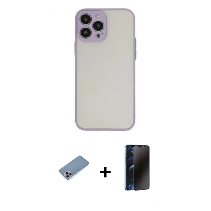 MARSİLYAN™- iPhone 13 Pro Max Kılıf Ahenk Çizgi Serisi - Siyah 3D Antistatik Hayalet Cam Ekran Koruyucu + Shine Kamera Lens Koruma Cam - PE