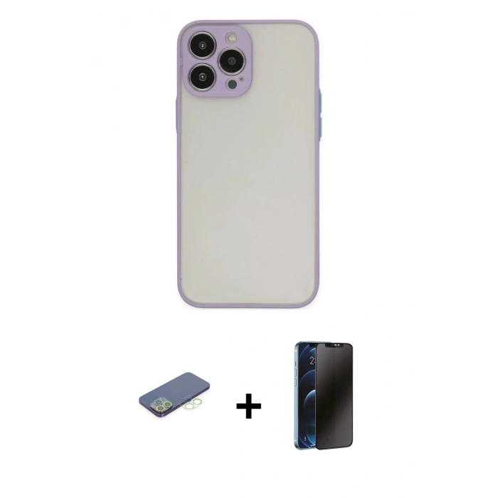 MARSİLYAN™- iPhone 13 Pro Max Kılıf Ahenk Çizgi Serisi - Siyah 3D Antistatik Hayalet Cam Ekran Koruyucu + Renkli Kamera Lens Koruma Cam - YL