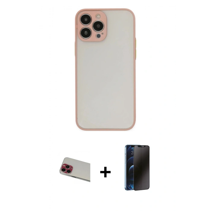 MARSİLYAN™- iPhone 13 Pro Max Kılıf Ahenk Çizgi Serisi - Siyah 3D Antistatik Hayalet Cam Ekran Koruyucu + Rainbow Kamera Lens Koruma Cam - KI
