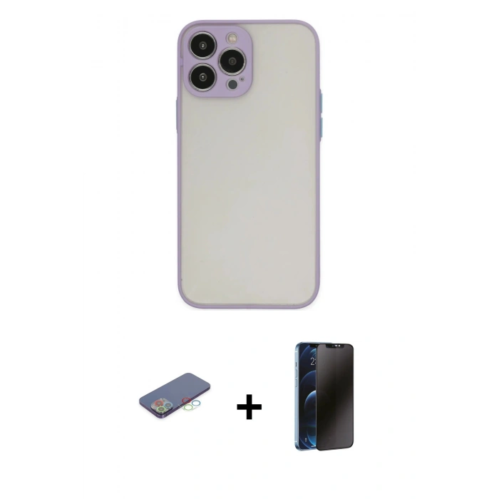 MARSİLYAN™- iPhone 13 Pro Max Kılıf Ahenk Çizgi Serisi - Siyah 3D Antistatik Hayalet Cam Ekran Koruyucu + Renkli Kamera Lens Koruma Cam - MI