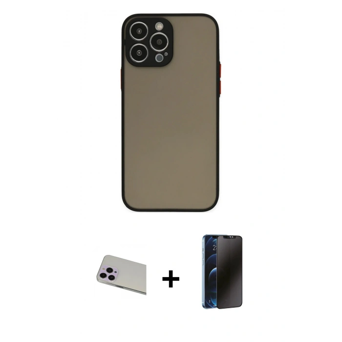 MARSİLYAN™- iPhone 13 Pro Max Kılıf Ahenk Çizgi Serisi - Siyah 3D Antistatik Hayalet Cam Ekran Koruyucu + Rainbow Kamera Lens Koruma Cam - MR