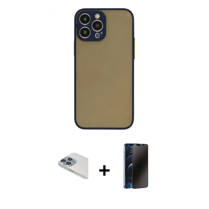 MARSİLYAN™- iPhone 13 Pro Max Kılıf Ahenk Çizgi Serisi - Siyah 3D Antistatik Hayalet Cam Ekran Koruyucu + Pers Alüminyum Kamera Lens - SABE