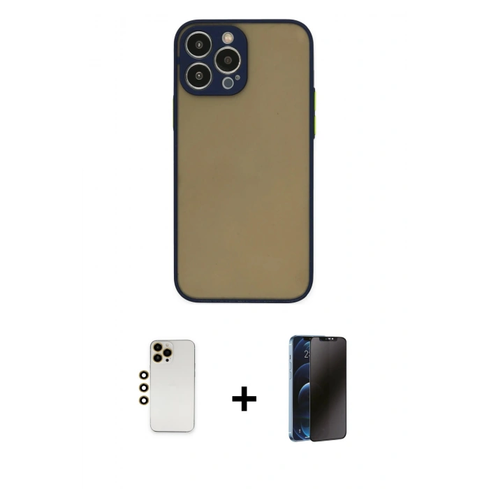 MARSİLYAN™- iPhone 13 Pro Max Kılıf Ahenk Çizgi Serisi - Siyah 3D Antistatik Hayalet Cam Ekran Koruyucu + Shine Kamera Lens - GD