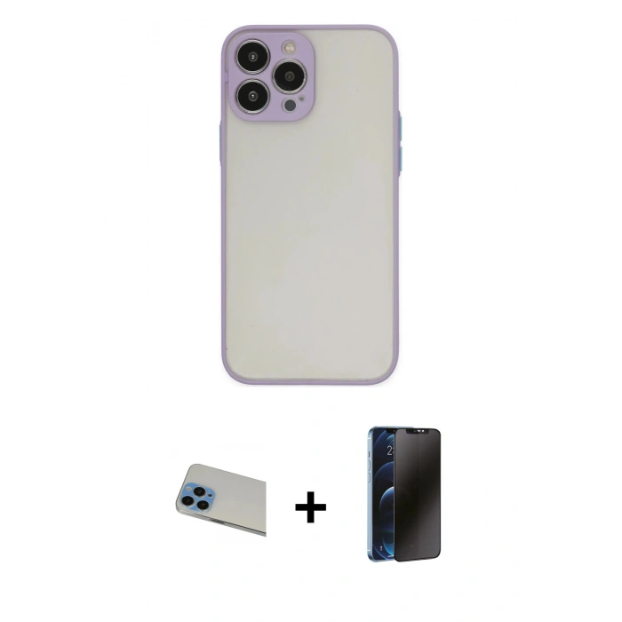 MARSİLYAN™- iPhone 13 Pro Max Kılıf Ahenk Çizgi Serisi - Siyah 3D Antistatik Hayalet Cam Ekran Koruyucu + Rainbow Kamera Lens Koruma Cam - MI