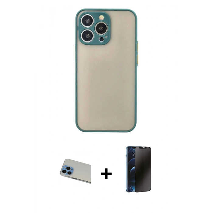 MARSİLYAN™- iPhone 13 Pro Max Kılıf Ahenk Çizgi Serisi - Siyah 3D Antistatik Hayalet Cam Ekran Koruyucu + Rainbow Kamera Lens Koruma Cam - MI
