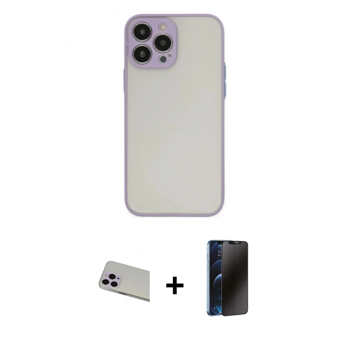 MARSİLYAN™- iPhone 13 Pro Max Kılıf Ahenk Çizgi Serisi - Siyah 3D Antistatik Hayalet Cam Ekran Koruyucu + Rainbow Kamera Lens Koruma Cam - MR