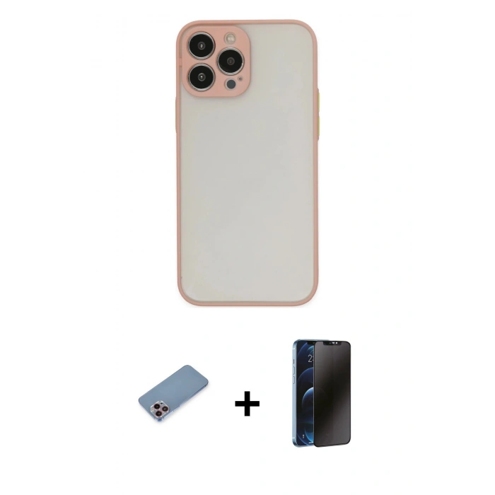 MARSİLYAN™- iPhone 13 Pro Max Kılıf Ahenk Çizgi Serisi - Siyah 3D Antistatik Hayalet Cam Ekran Koruyucu + Shine Kamera Lens Koruma Cam - PE