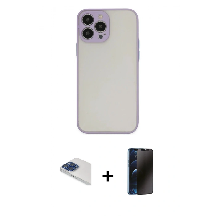 MARSİLYAN™- iPhone 13 Pro Max Kılıf Ahenk Çizgi Serisi - Siyah 3D Antistatik Hayalet Cam Ekran Koruyucu + Pers Alüminyum Kamera Lens - LT