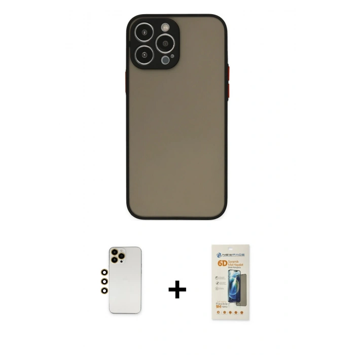 MARSİLYAN™- iPhone 13 Pro Max Kılıf Ahenk Çizgi Serisi - Siyah 6D Mat Seramik Hayalet Nano Ekran Koruyucu + Shine Kamera Lens - GD