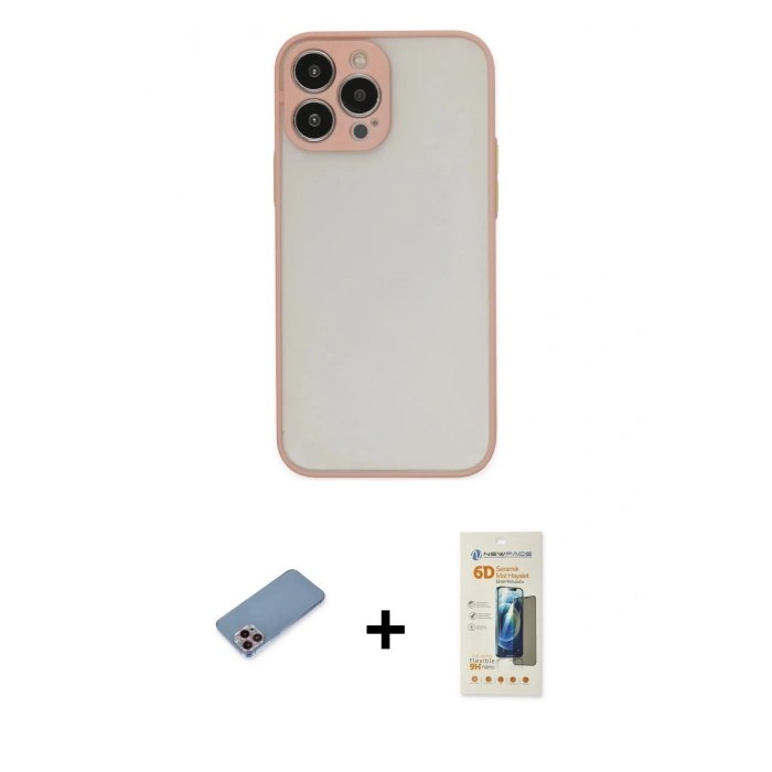 MARSİLYAN™- iPhone 13 Pro Max Kılıf Ahenk Çizgi Serisi - Siyah 6D Mat Seramik Hayalet Nano Ekran Koruyucu + Shine Kamera Lens Koruma Cam - PE