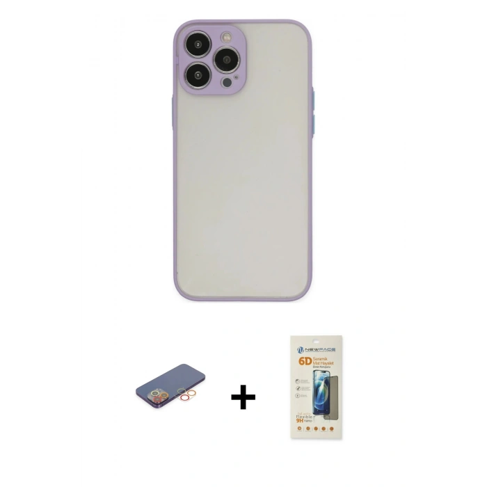 MARSİLYAN™- iPhone 13 Pro Max Kılıf Ahenk Çizgi Serisi - Siyah 6D Mat Seramik Hayalet Nano Ekran Koruyucu + Renkli Kamera Lens Koruma Cam - TU