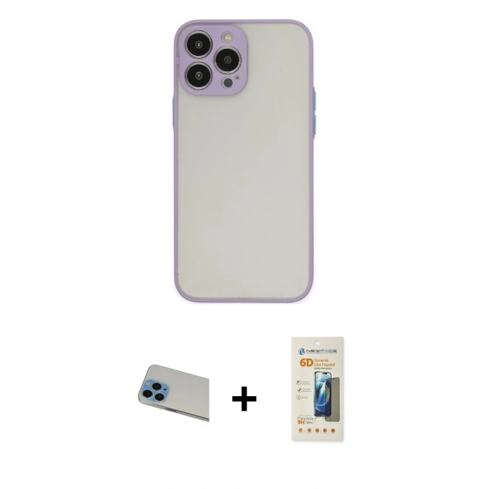 MARSİLYAN™- iPhone 13 Pro Max Kılıf Ahenk Çizgi Serisi - Siyah 6D Mat Seramik Hayalet Nano Ekran Koruyucu + Rainbow Kamera Lens Koruma Cam - MI