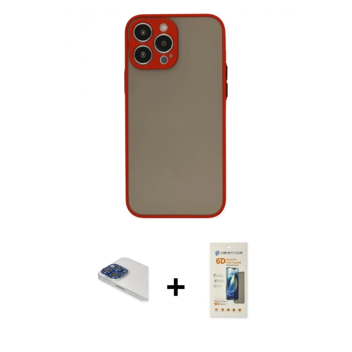 MARSİLYAN™- iPhone 13 Pro Max Kılıf Ahenk Çizgi Serisi - Siyah 6D Mat Seramik Hayalet Nano Ekran Koruyucu + Pers Alüminyum Kamera Lens - LT