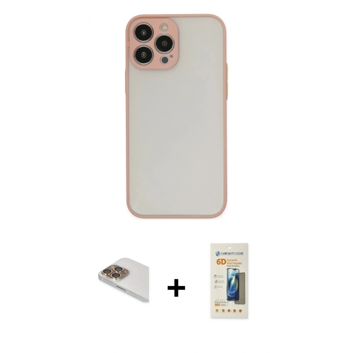 MARSİLYAN™- iPhone 13 Pro Max Kılıf Ahenk Çizgi Serisi - Siyah 6D Mat Seramik Hayalet Nano Ekran Koruyucu + Pers Alüminyum Kamera Lens - GD