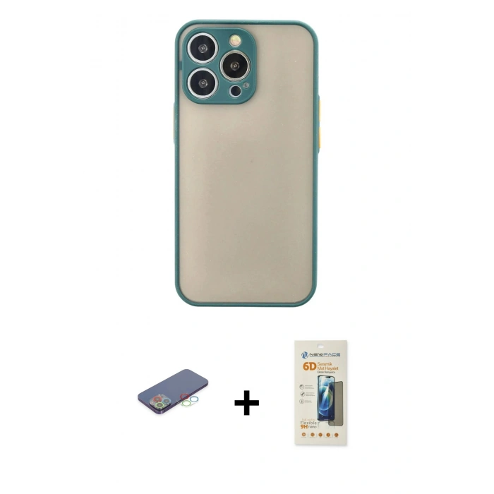 MARSİLYAN™- iPhone 13 Pro Max Kılıf Ahenk Çizgi Serisi - Siyah 6D Mat Seramik Hayalet Nano Ekran Koruyucu + Renkli Kamera Lens Koruma Cam - MI