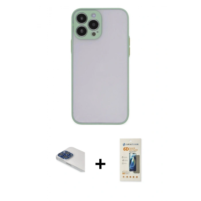 MARSİLYAN™- iPhone 13 Pro Max Kılıf Ahenk Çizgi Serisi - Siyah 6D Mat Seramik Hayalet Nano Ekran Koruyucu + Pers Alüminyum Kamera Lens - LT