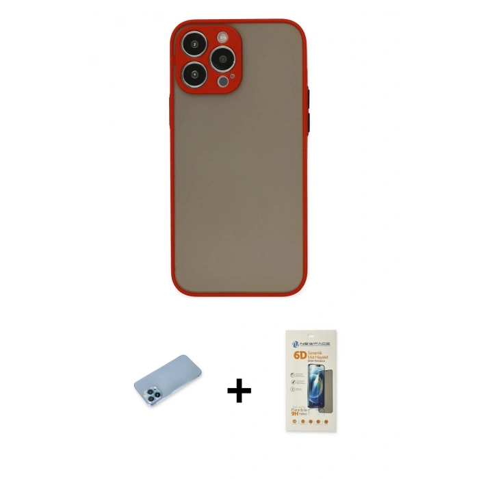 MARSİLYAN™- iPhone 13 Pro Max Kılıf Ahenk Çizgi Serisi - Siyah 6D Mat Seramik Hayalet Nano Ekran Koruyucu + Shine Kamera Lens Koruma Cam - MI