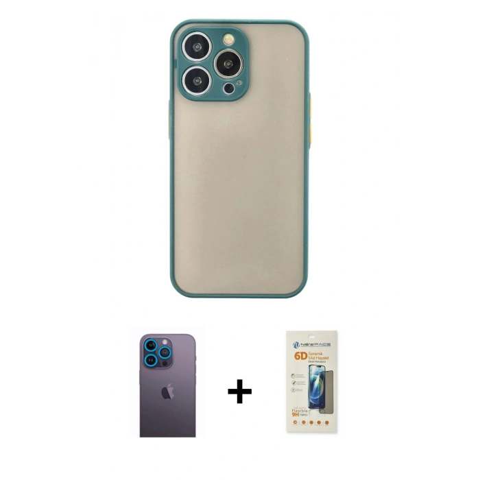 MARSİLYAN™- iPhone 13 Pro Max Kılıf Ahenk Çizgi Serisi - Siyah 6D Mat Seramik Hayalet Nano Ekran Koruyucu + Neon Fosforlu Kamera Lens - MI