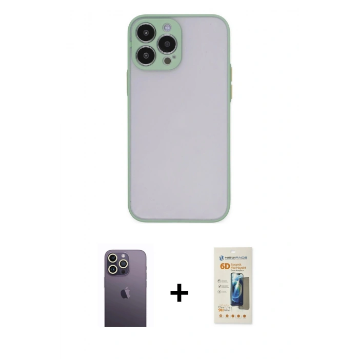 MARSİLYAN™- iPhone 13 Pro Max Kılıf Ahenk Çizgi Serisi - Siyah 6D Mat Seramik Hayalet Nano Ekran Koruyucu + Neon Fosforlu Kamera Lens - BZ