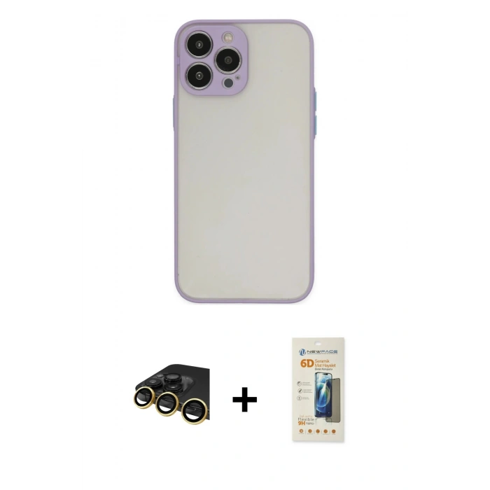 MARSİLYAN™- iPhone 13 Pro Max Kılıf Ahenk Çizgi Serisi - Siyah 6D Mat Seramik Hayalet Nano Ekran Koruyucu + Raze Metal Kamera Lens - GD