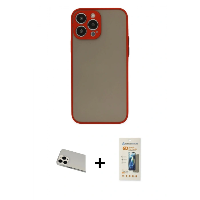 MARSİLYAN™- iPhone 13 Pro Max Kılıf Ahenk Çizgi Serisi - Siyah 6D Mat Seramik Hayalet Nano Ekran Koruyucu + Rainbow Kamera Lens Koruma Cam - BZ