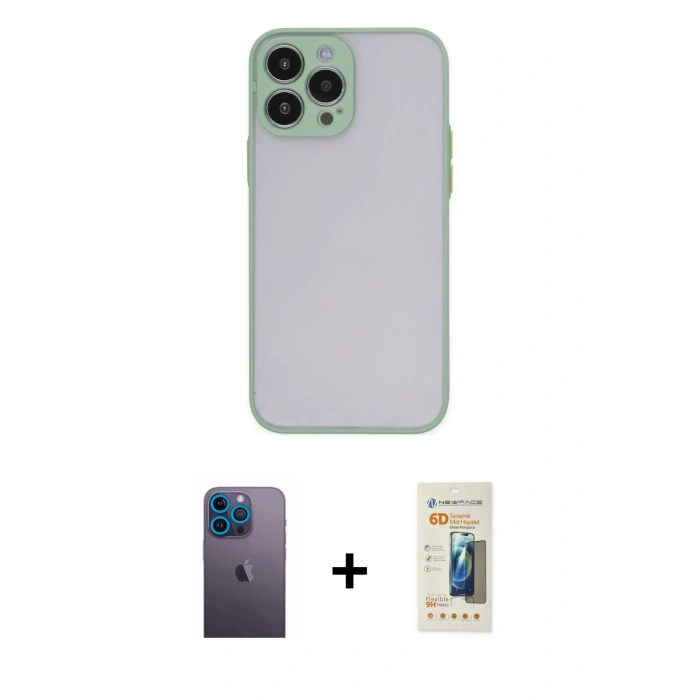 MARSİLYAN™- iPhone 13 Pro Max Kılıf Ahenk Çizgi Serisi - Siyah 6D Mat Seramik Hayalet Nano Ekran Koruyucu + Neon Fosforlu Kamera Lens - MI