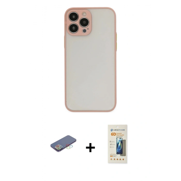 MARSİLYAN™- iPhone 13 Pro Max Kılıf Ahenk Çizgi Serisi - Siyah 6D Mat Seramik Hayalet Nano Ekran Koruyucu + Renkli Kamera Lens Koruma Cam - MI