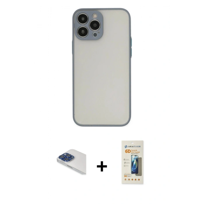 MARSİLYAN™- iPhone 13 Pro Max Kılıf Ahenk Çizgi Serisi - Siyah 6D Mat Seramik Hayalet Nano Ekran Koruyucu + Pers Alüminyum Kamera Lens - LT