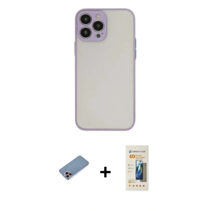 MARSİLYAN™- iPhone 13 Pro Max Kılıf Ahenk Çizgi Serisi - Siyah 6D Mat Seramik Hayalet Nano Ekran Koruyucu + Shine Kamera Lens Koruma Cam - PE