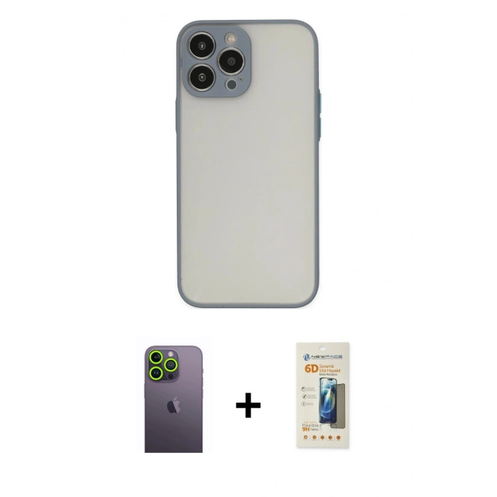 MARSİLYAN™- iPhone 13 Pro Max Kılıf Ahenk Çizgi Serisi - Siyah 6D Mat Seramik Hayalet Nano Ekran Koruyucu + Neon Fosforlu Kamera Lens - YL