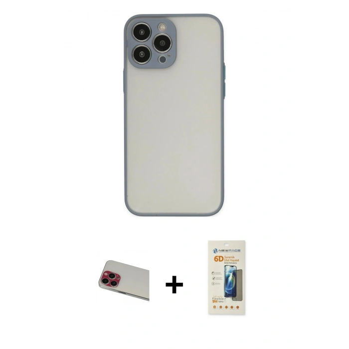 MARSİLYAN™- iPhone 13 Pro Max Kılıf Ahenk Çizgi Serisi - Siyah 6D Mat Seramik Hayalet Nano Ekran Koruyucu + Rainbow Kamera Lens Koruma Cam - KI