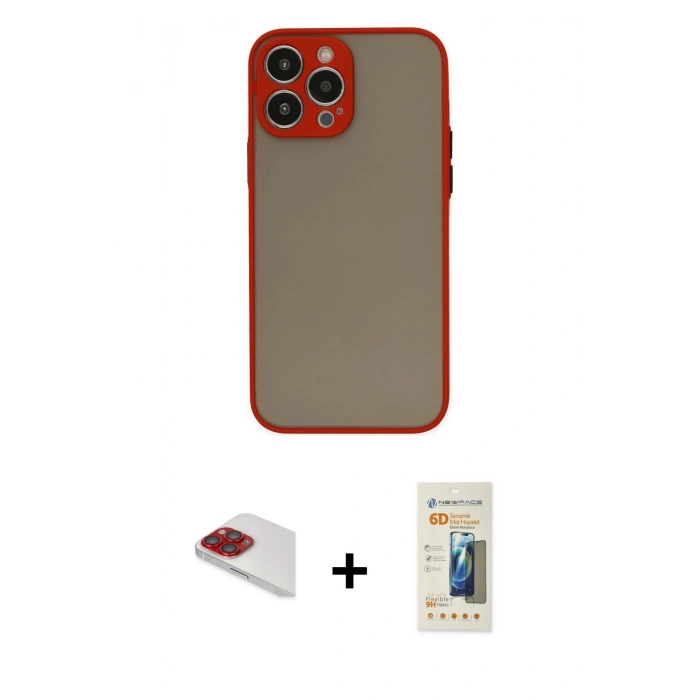 MARSİLYAN™- iPhone 13 Pro Max Kılıf Ahenk Çizgi Serisi - Siyah 6D Mat Seramik Hayalet Nano Ekran Koruyucu + Pers Alüminyum Kamera Lens - KI